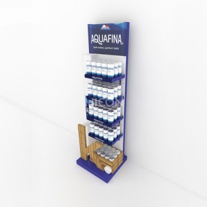 Espositore per acqua per bevande in metallo bianco blu a 5 livelli con scatola di legno