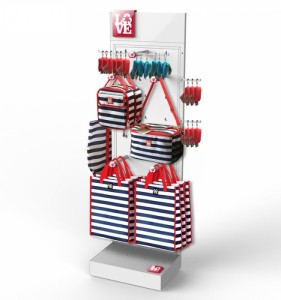 Soporte de exhibición colgante de bolso de madera móvil de 4 vías para tienda minorista de bolso personalizado