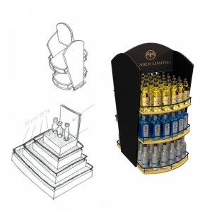 Espositore in legno MDF personalizzato per bottiglia di whisky da pavimento del negozio al dettaglio/espositori per whisky in legno/espositore per whisky