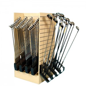 Suporte de exposição personalizado para clube de golfe de madeira ou MDF com piso de 4 vias para loja de varejo