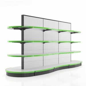 Dizajn elegant i personalizuar i rafteve të ekranit të supermarketeve me dru të bardhë