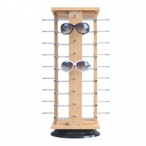 Suporte de exposição giratório de óculos de sol com bancada de madeira personalizada funcional