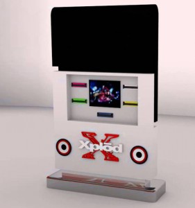 Rak Display Audio Video Toko Ritel Meja Kayu Berdampak Tinggi Dengan Layar