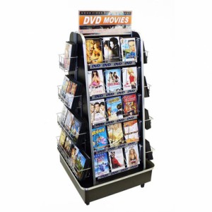 ធ្វើពីឈើ និងដែកលួស 4-Way Movable CD DVD Rack Display Retail Retail