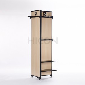 Free Standing Wooden Floor Clothing T-shirt Display Rack mei Casters