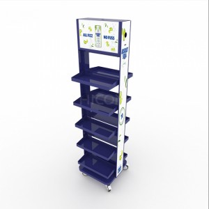 Movable Double-Sided Blue Metal Drinks Cabinet Display Unit