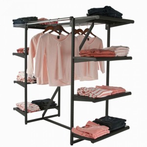 ရိုးရှင်းသော စိတ်ကြိုက်ပြုလုပ်ထားသော အနက်ရောင် သတ္တုအဝတ်အစားများ Display Hanger Idea Rack