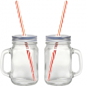 Wide Mouth Glass Mason Jars with Lid Glass Straw Handles for Coffee Milk Food Storage