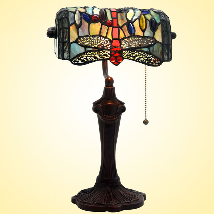 HITECDAD Dragonfly Stained Glass Bankers Desk Tiffany Table Lamp