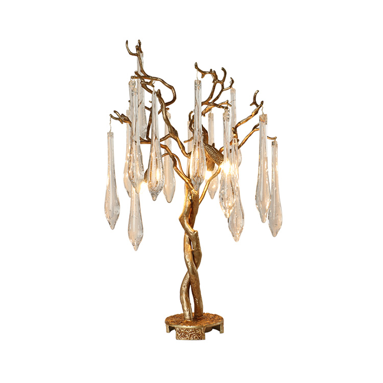 Hitecdad Creative Tree Trunk Branch Shape Copper Glass Table Ronahiya LED Raindrop Crystal Lampeya Maseyê ji bo Odeya razanê