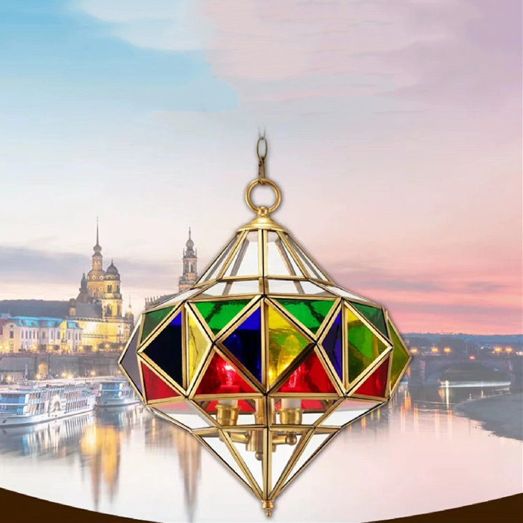 HITECDAD Glazen kap Arabische lamp retro lantaarn licht luxe goud koperen kroonluchter woonkamer restaurant hanglamp