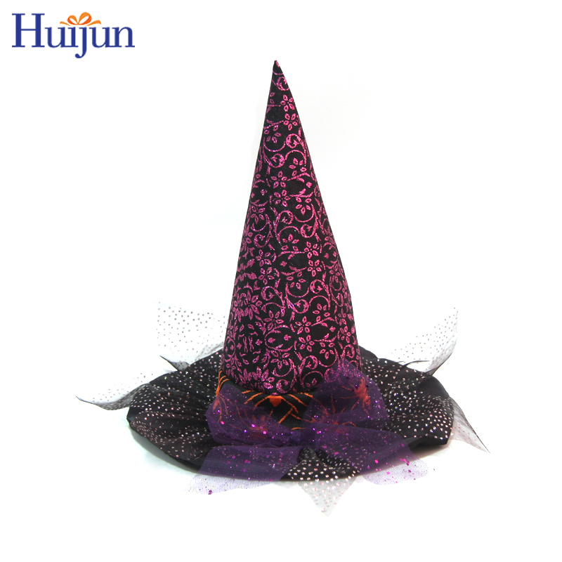 כובע מכשפה שחור וסגול לנשים תחפושות מסיבת ליל כל הקדושים קישוטי מסיבת קוספליי תחרה כובע מכשפה קרנבל