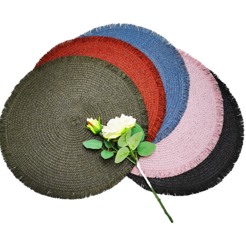 New Paper Yarn with Fringes Indoor Or Outdoor Braided Non-Slip, Heat- Resistant Round Place Mats for Dining Table. Featured Image