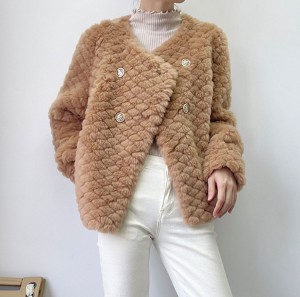 Wool Fringe Jacket Factory –  22P003 Double Breasted Gold Button Soft Sheep Shearing Fur Overcoat  – MeWell