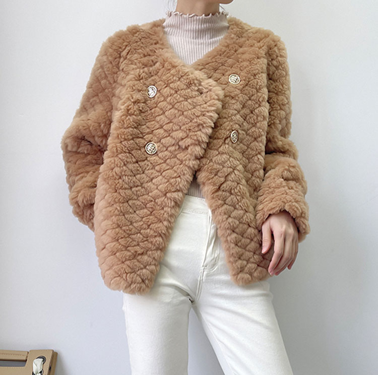 22P003 Double Breasted Gold Button Soft Sheep Shearing Fur Overcoat Featured Image