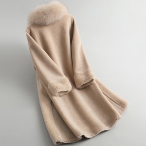 22F008 Winter Zipper New Woollen Coat Haining Real Fox Fur Trim Med-long Plush Coat