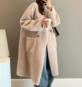22RL022 Korean Fashion Fur Jacket Woolen Shearing Sheep Fur Loose Fit Winter Long over Coat