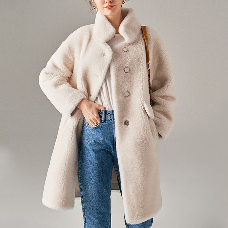 22RL002 Sheep Shearing Fur Coat Woman Pearl Button  Winter Sheepskin Long Trench Overcoat Featured Image