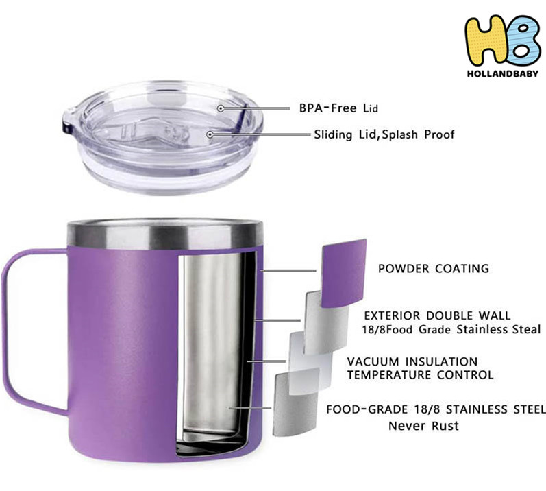 STAINLESS STEEL VACUUM INSULATED COFFEE MUG WITH HANDLE AND LID