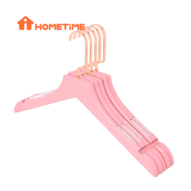 Pink Hanger Supplier Solid Wood Flat Body Clothes Hangers With Rose Gold Hook