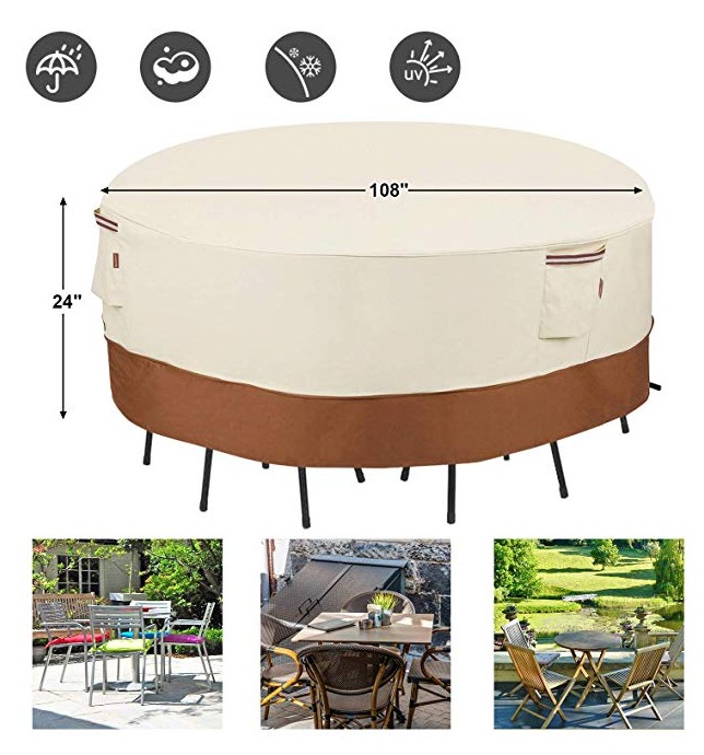 oxford cloth outdoor patio round table cover, waterproof, windproof, UV resistant garden furniture cover set, beige & brown