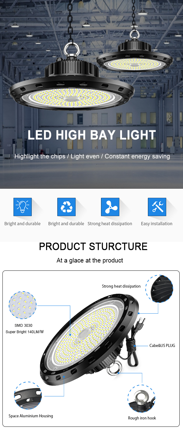 150W 200W UFO LED High Bay Light IP65 សម្រាប់ឃ្លាំងសិក្ខាសាលា Wet Lo (