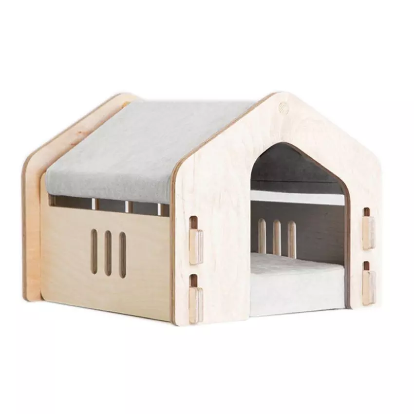 Rumah hewan peliharaan dalam ruangan dari kayu dengan kasur untuk anjing kecil dan kucing
