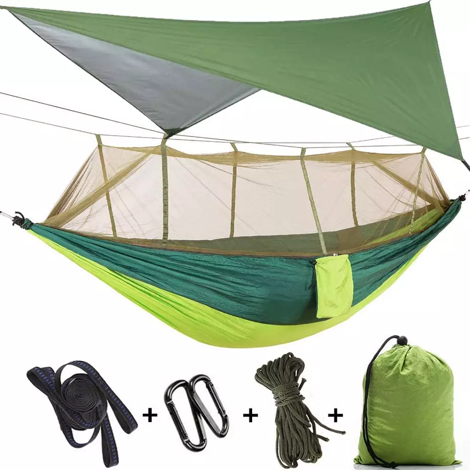 Redes de camping com mosquiteiros e capas contra moscas de chuva