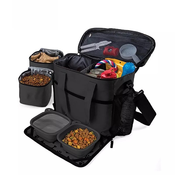 POP DUCK ماحول دوست Foldable Pet Cat Tote Bag 2 فوڈ کنٹینر پالتو کتے کا سفری بیگ جیبوں اور پیالوں کے ساتھ