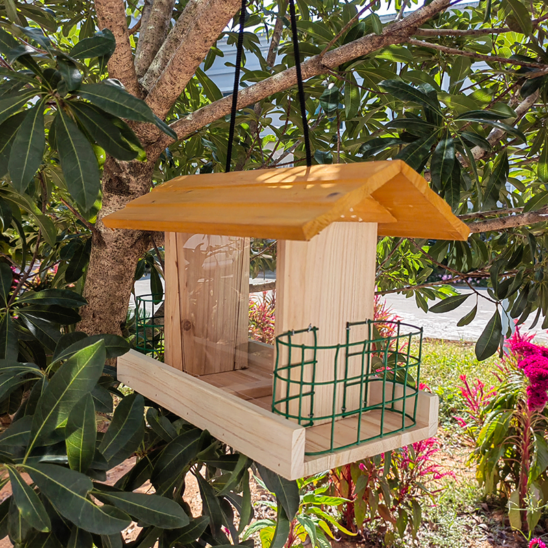 Mangiatoia multifunzionale per uccelli in legno con plexiglass