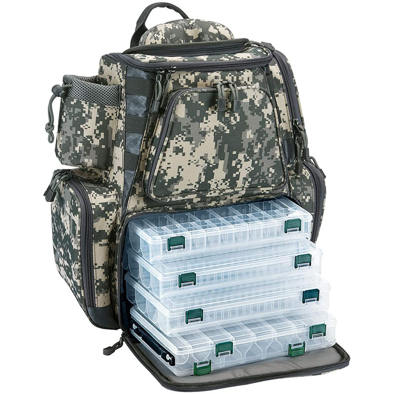 Fiskeredskapsryggsäck med 4 brickor Stor vattentät väska för redskapsväska med skyddande regnskydd och 4 redskapslåda (khaki, svart och kamouflage)