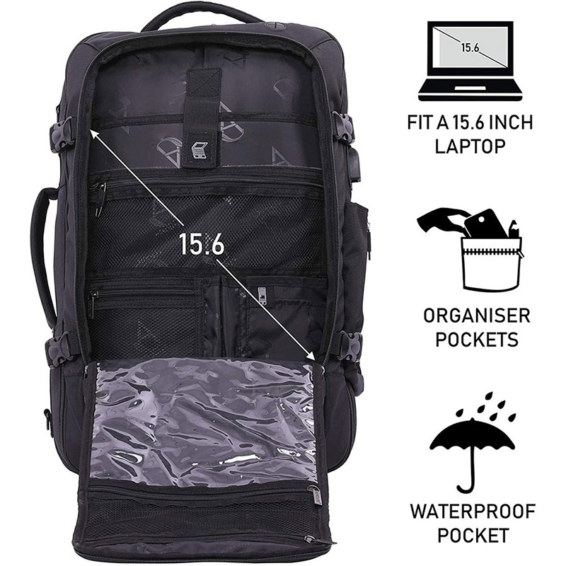 Backpack bagannan làimhe 39L le zippers YKK, a ’freagairt air laptop 15”, Lean air adhart baga-droma baga-siubhail latha siubhail Satchel Holdall baga itealaich, 55x35x20, dubh