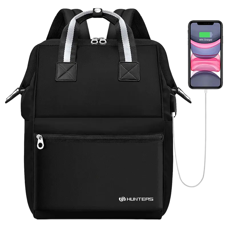 Backpack, 15.6 'īniha ākea hāmama kamepiula ʻeke ʻeke puke kula kula me ka USB Port Water Repellent Kasual Daypack Laptop ʻeke no ka huakaʻi ʻoihana kula wahine nā kāne-ʻeleʻele.