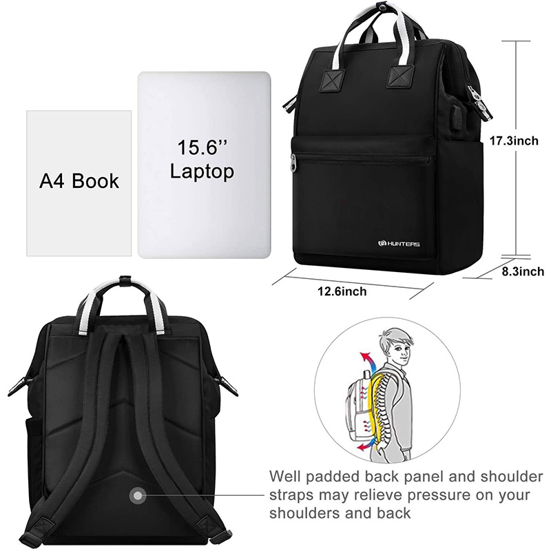 Beg Laptop, Beg Komputer Terbuka Lebar 15.6 Inci Beg Buku Sekolah Kolej dengan Port USB Penahan Air Beg Laptop Kasual Daypack untuk Kolej Perniagaan Perjalanan Wanita Lelaki-Hitam.