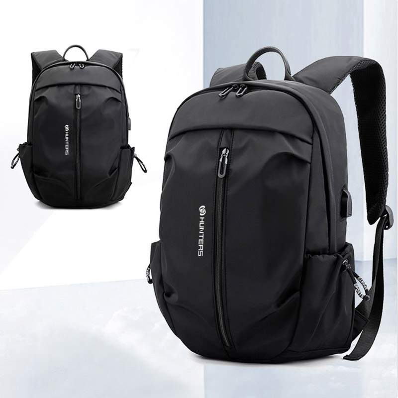 USB Backpack Men Nylon Waterproof Travel Bag New Simple Pure Colour Backbag Leisure Light Fitness Male Bag Sports Bag Black Gray