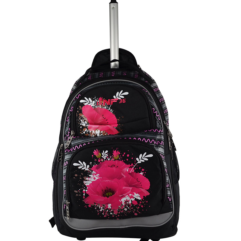 Trolley Double handle Rolling ink printing flower printing backpack Elementary middle school student 5 layers large multi-function big storage backpack na may mga gulong