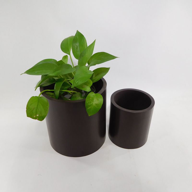 Natural Brown Black Wood Round Planter Box with Removable Plastic Liner