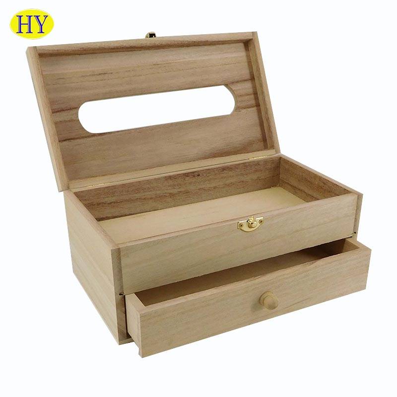 ຂາຍສົ່ງລາຄາຖືກບໍ່ໄດ້ສໍາເລັດຮູບໄມ້ Desktop Tissue Box with drawer