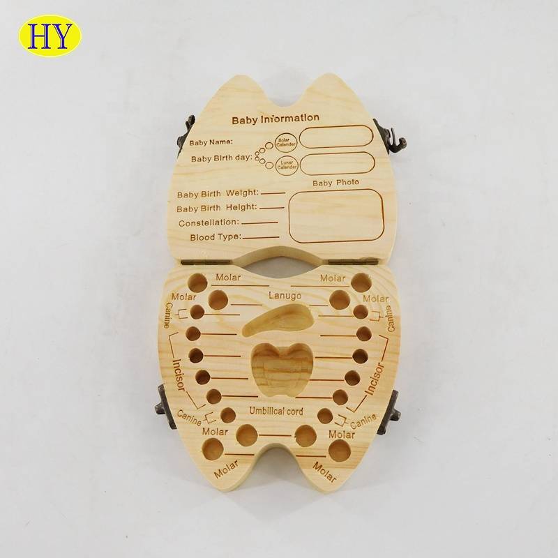 मुलासाठी लेसर कोरलेल्या डिझाइनने सजवलेला सानुकूल स्वस्त नैसर्गिक लाकडी दात बॉक्स