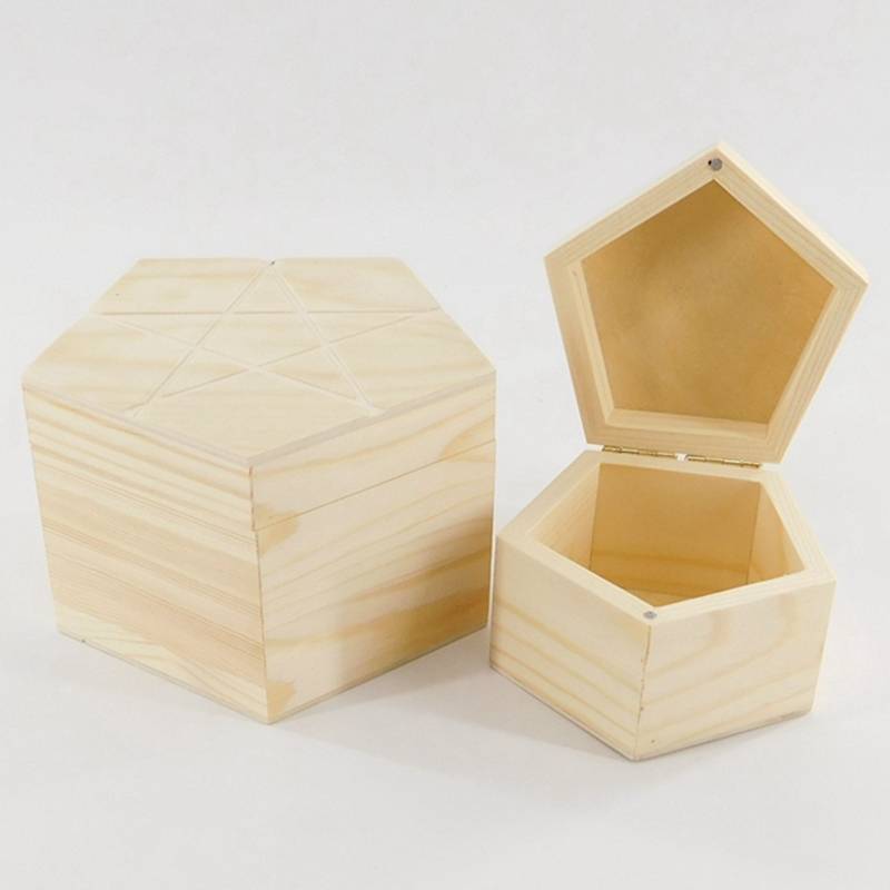 custom tacan beres kotak kayu pinus bentukna pentagon kalawan magnet hinged tutup borongan