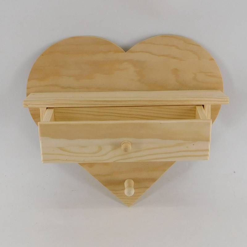 Colgador de pared de madera sin terminar natural en forma de corazón con cajones al por mayor