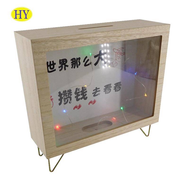 Veleprodajna nedovršena drvena kutija za novčiće sa svjetlom i staklenim prozorom