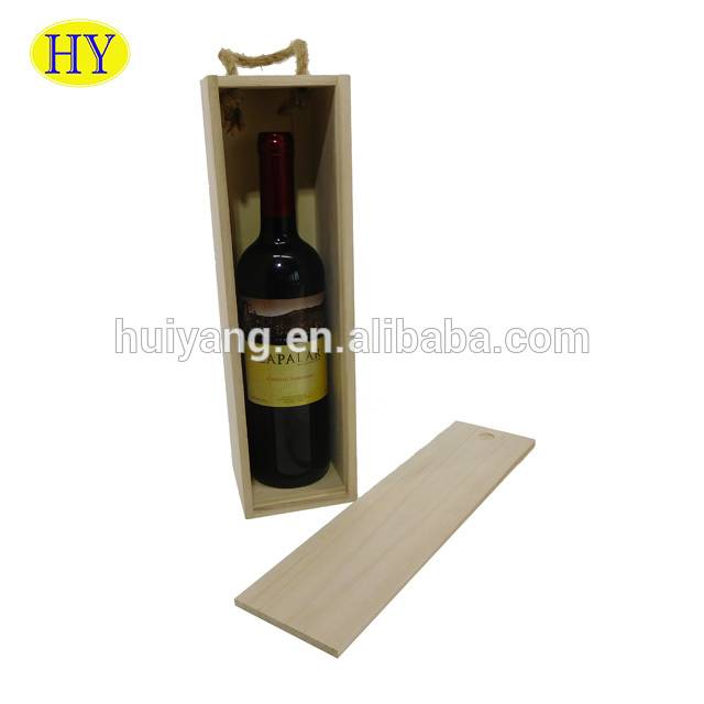 Custom Cheap Unfinished Single Bottle Sliding Lid Wood Vinum Box with Jute Handle Wholesale