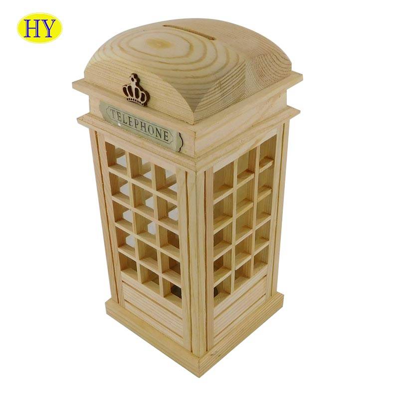 London Telephone Booth Coin Box Natural Pine Wood Money Box