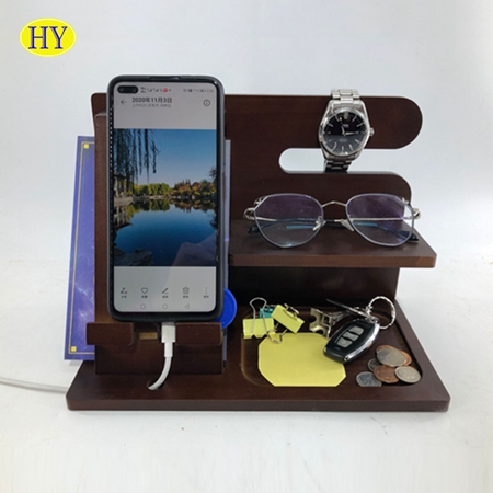 Wood Desktop Organizer - Phone Docking Station Key Holder Wallet Stand Watch Organizer