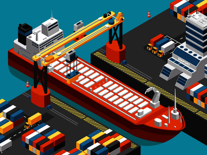 Sea transportation horizontal vector sea freight and shipping banners with isometric seaport, ships, containers and crane