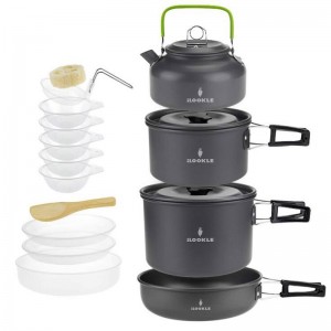 Camping Cookware Mess Kit with Pot Pan Kettle Bowl สำหรับ 5 ท่าน