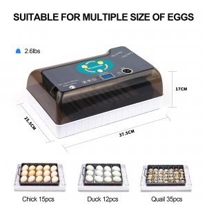 I-Smart Egg Incubator I-Clear View, i-Automatic Egg Turner, i-Temperature Humidity Control, i-Candler yeqanda, i-Poultry Egg Incubator yokuqandusela i-12-15 yamaqanda enkukhu, amaqanda e-quail angama-35, amaqanda eDada ali-9, iiNtaka zeGoose zaseTurkey.