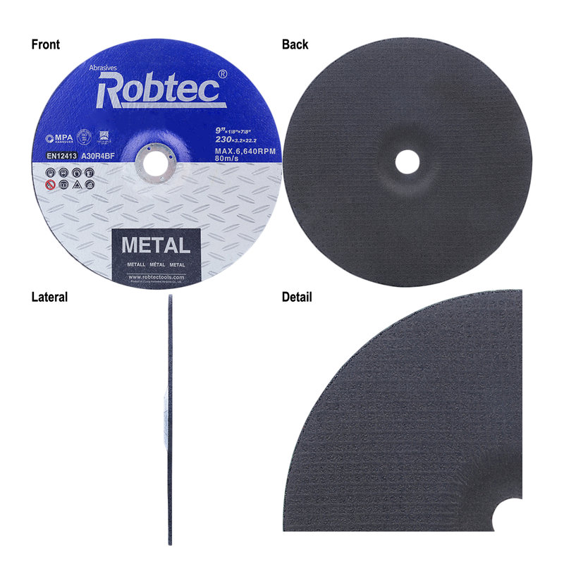 Адразныя кругі ROBTEC 230 × 3,2 × 22,2 мм 9″x1/8″x7/8″ для рэзкі металу, армаваныя валакном.