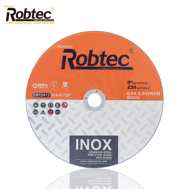 Абразиви Изключително тънки режещи дискове ROBTEC 9″x1/12″x7/8″ (230×2.0×22.2) Рязане на INOX/ неръждаема стомана Показано изображение
